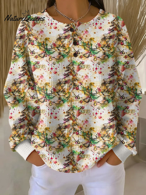 Women's Christmas Tree Pattern Art Print Casual Cotton Shirt