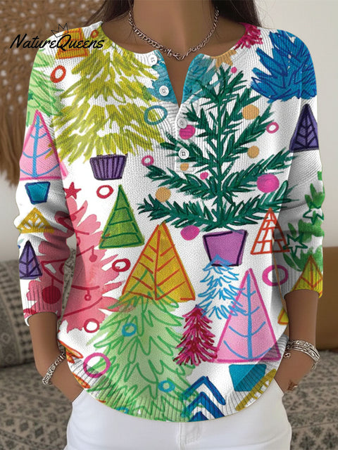 Women's Christmas Tree Pattern Art Print Buttoned Cardigan Sweater