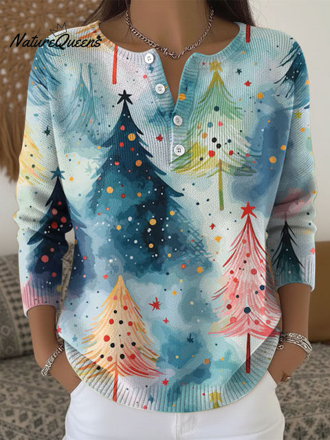 Women's Christmas Tree Pattern Art Print Buttoned Cardigan Sweater