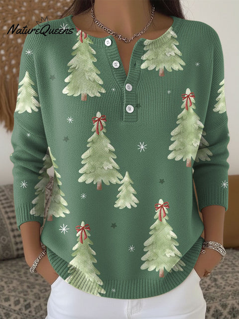 Women's Christmas Tree Pattern Art Print Buttoned Cardigan Sweater