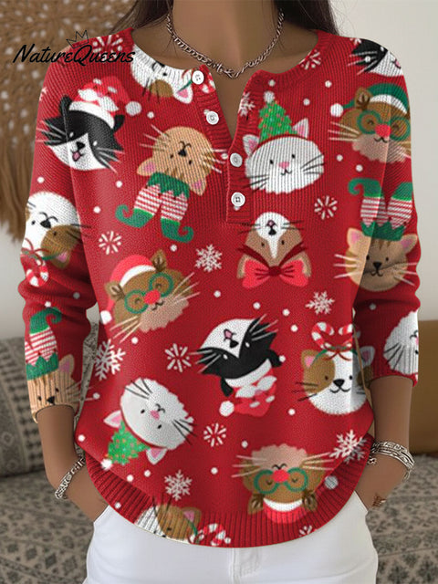 Women's Christmas Cute Animal Cat Snowflake Pattern Art Print Buttoned Cardigan Sweater