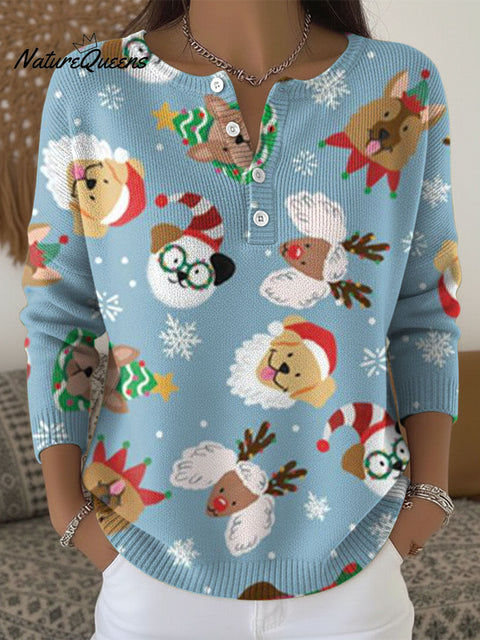 Women's Christmas Cute Animal Dog Snowflake Pattern Art Print Buttoned Cardigan Sweater