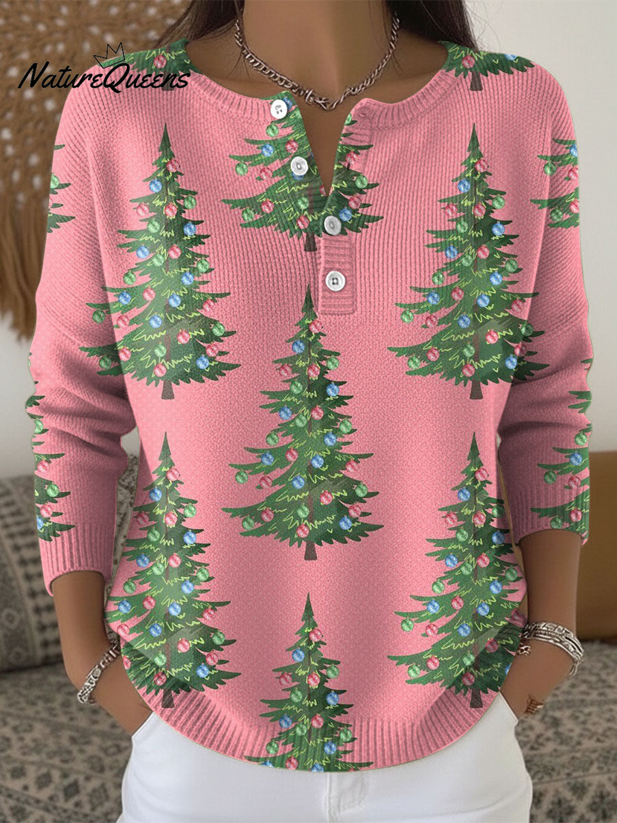 Women's Christmas Tree Pattern Art Print Buttoned Cardigan Sweater