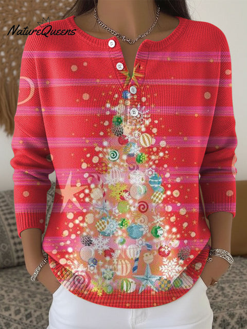 Women's Christmas Tree Pattern Art Print Buttoned Cardigan Sweater