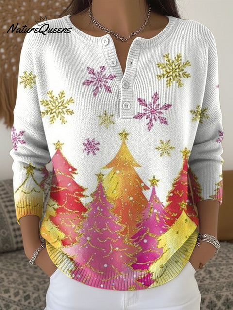 Women's Christmas Tree Pattern Art Print Buttoned Cardigan Sweater