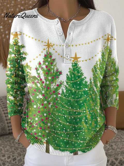 Women's Christmas Tree Pattern Art Print Buttoned Cardigan Sweater