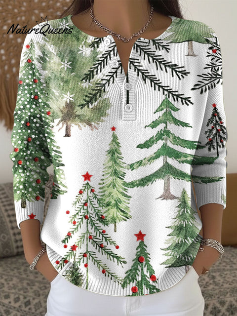Women's Christmas Tree Pattern Art Print Buttoned Cardigan Sweater