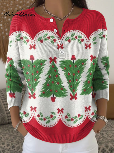 Women's Christmas Tree Pattern Art Print Buttoned Cardigan Sweater