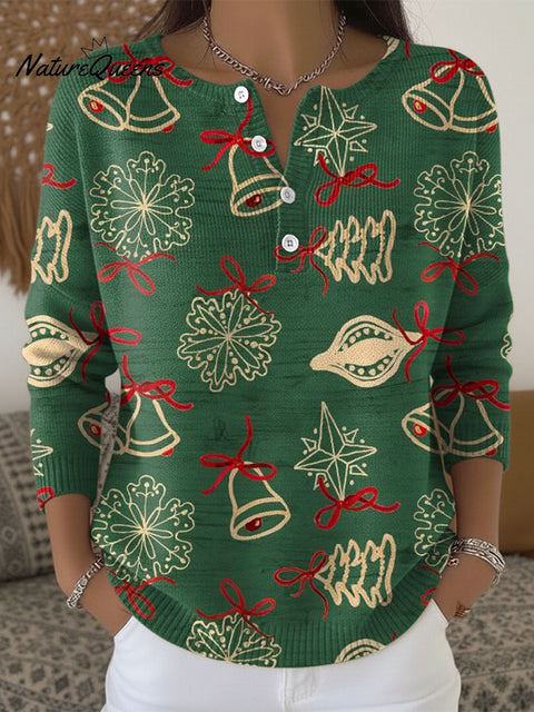 Women's Christmas Bells Snowflakes Bows Pattern Art Print Buttoned Cardigan Sweater