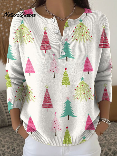 Women's Christmas Tree Pattern Art Print Buttoned Cardigan Sweater