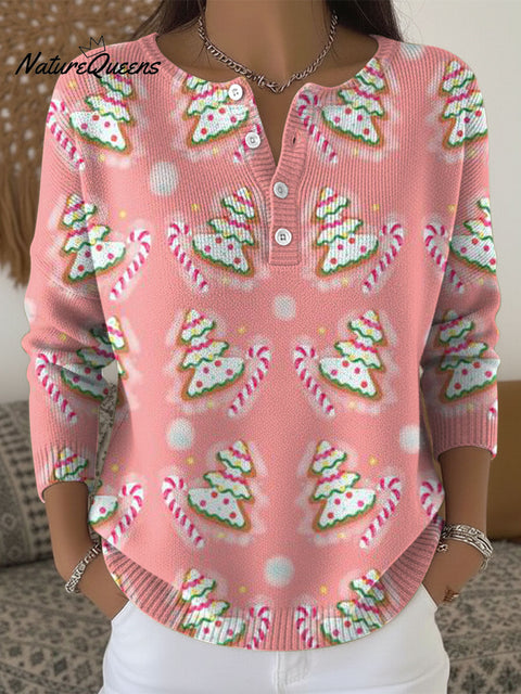 Women's Christmas Tree Pattern Art Print Buttoned Cardigan Sweater