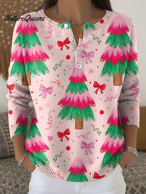 Women's Christmas Tree Pattern Art Print Buttoned Cardigan Sweater