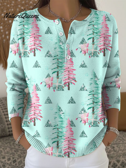 Women's Christmas Tree Pattern Art Print Buttoned Cardigan Sweater