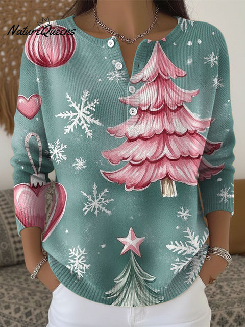 Women's Christmas Tree Snowflake Pattern Art Print Buttoned Cardigan Sweater