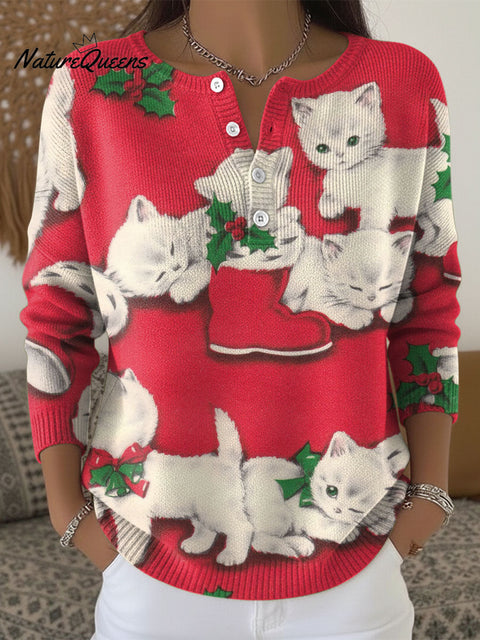 Women's Christmas Cat Pattern Art Print Buttoned Cardigan Sweater