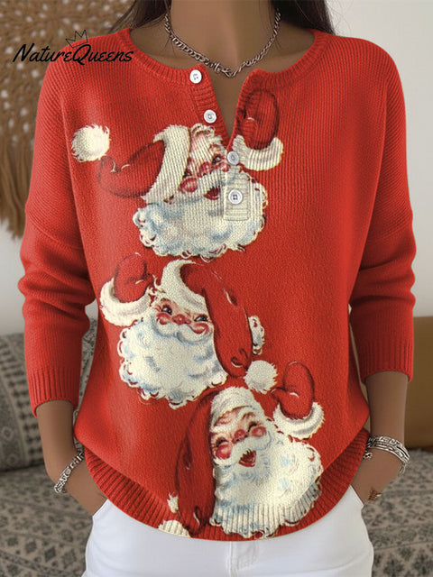 Women's Christmas Santa Claus Pattern Art Print Buttoned Cardigan Sweater