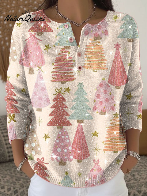 Christmas Colorful Tree Pattern Print Henley Neck Sparkling Sequin Sweater