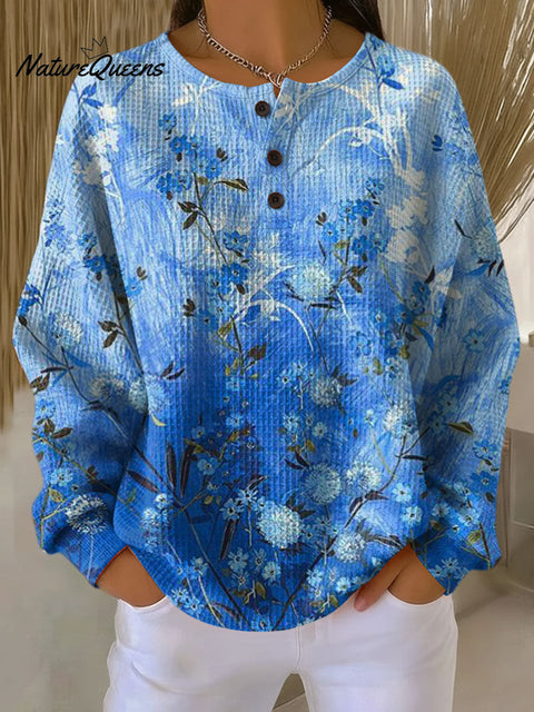 Women's Blue Gradient Flowers Pattern Art Print Casual Cotton Shirt