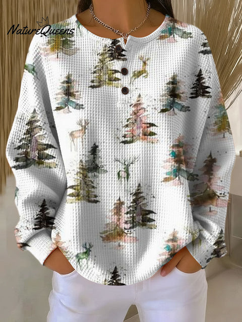 Women's Christmas Tree Pattern Art Print Casual Cotton Shirt