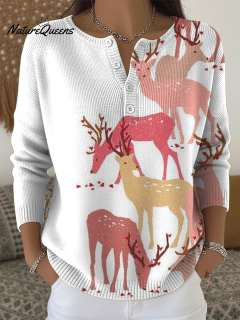 Christmas Colorful Elk Art Pattern Print Buttoned Cardigan Sweater