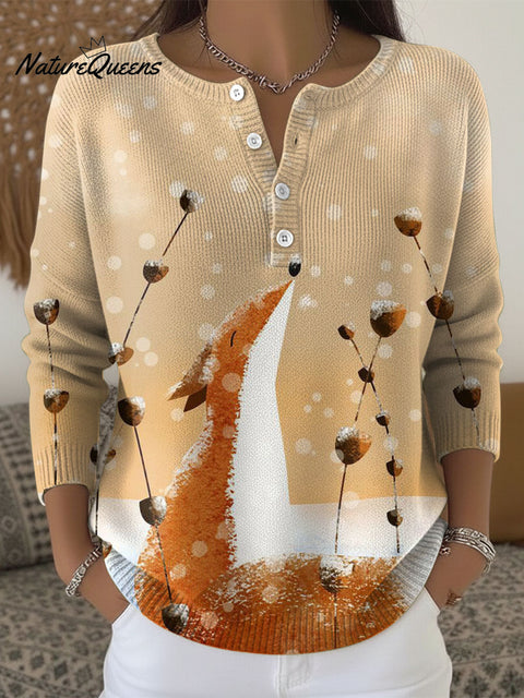 Christmas Winter Snow Fox Art Pattern Print Buttoned Cardigan Sweater