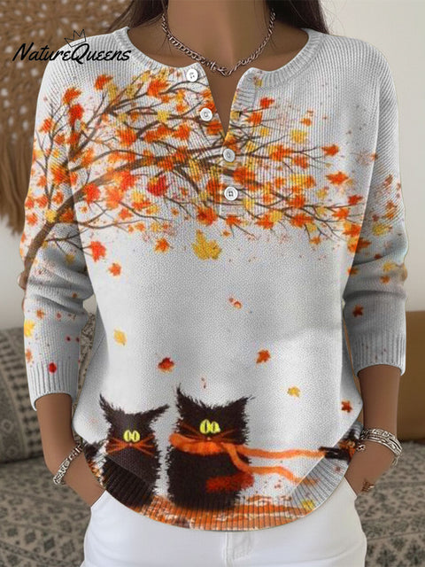 Autumn Maple Leaves Cat Art Pattern Print Buttoned Cardigan Sweater