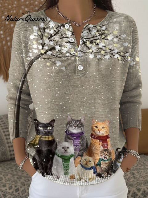 Christmas Winter Cats Art Pattern Print Buttoned Cardigan Sweater
