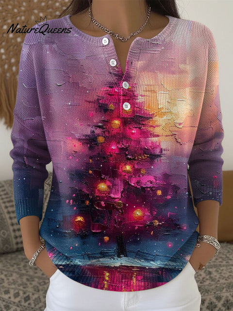 Christmas Tree Art Pattern Print Buttoned Cardigan Sweater