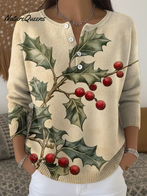 Christmas Leaves Fruit Art Pattern Print Buttoned Cardigan Sweater
