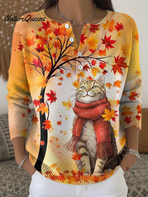 Autumn Maple Leaves Cat Art Pattern Print Buttoned Cardigan Sweater