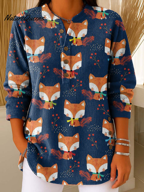 Women's Cute Animal Fox Art Pattern Crew Neck Long Sleeve Casual Loose Knit Pullover