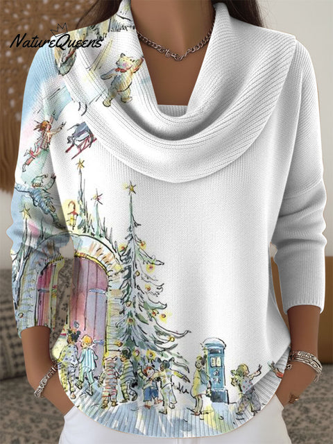 Women's Christmas Pattern Snowflakes Elk Art Print Cowl Neck Sweater