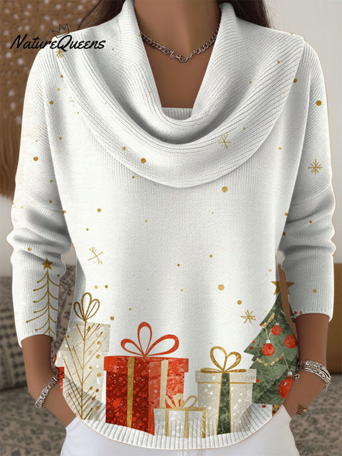 Women's Christmas Gift Pattern Elk Art Print Cowl Neck Sweater