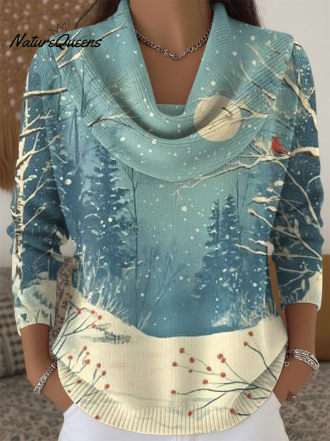 Women's Christmas Tree Artistic Pattern Print Cowl Neck Sweater