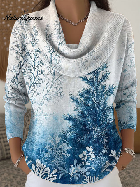 Women's Christmas Tree Artistic Pattern Print Cowl Neck Sweater