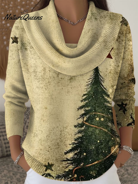 Women's Christmas Tree Artistic Pattern Print Cowl Neck Sweater
