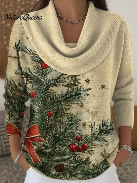 Women's Christmas Tree Artistic Pattern Print Cowl Neck Sweater