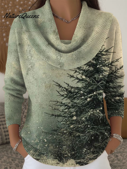Women's Christmas Tree Artistic Pattern Print Cowl Neck Sweater