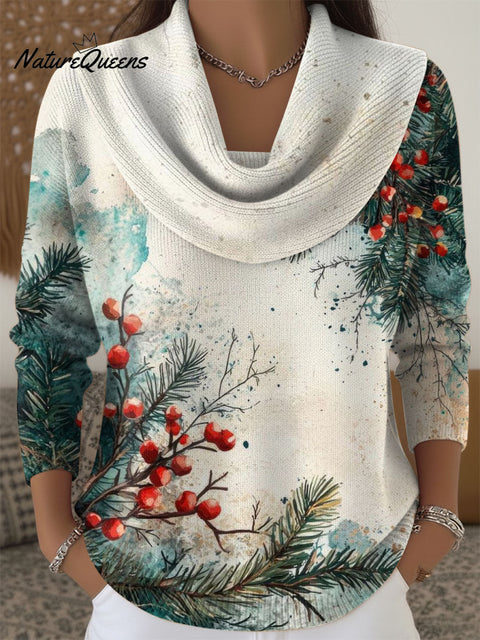 Women's Christmas Tree Artistic Pattern Print Cowl Neck Sweater
