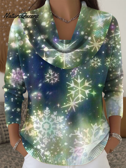 Women's Christmas Snowflake Artistic Pattern Print Cowl Neck Sweater