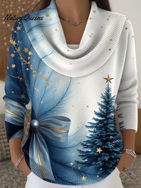 Women's Christmas Tree Artistic Pattern Print Cowl Neck Sweater
