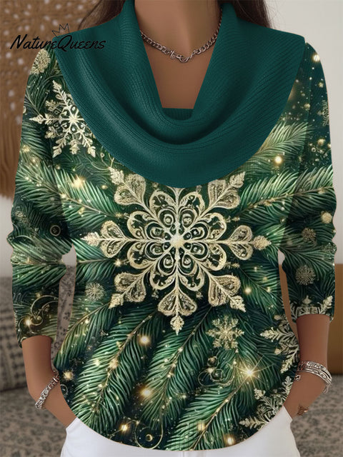 Women's Christmas Snowflake Artistic Pattern Print Cowl Neck Sweater