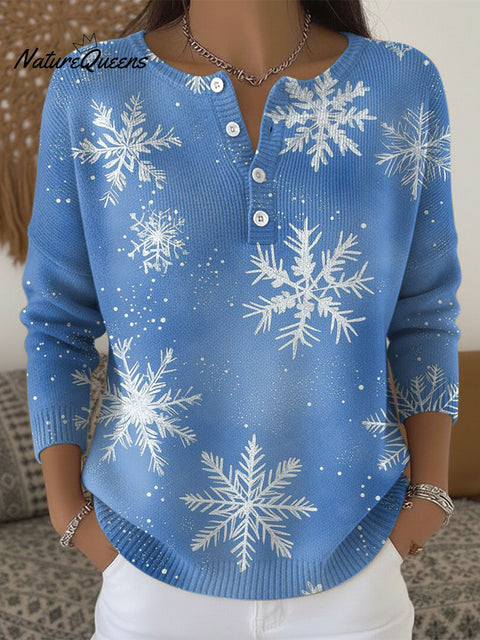 Christmas Blue Snowflake Art Pattern Print Buttoned Cardigan Sweater