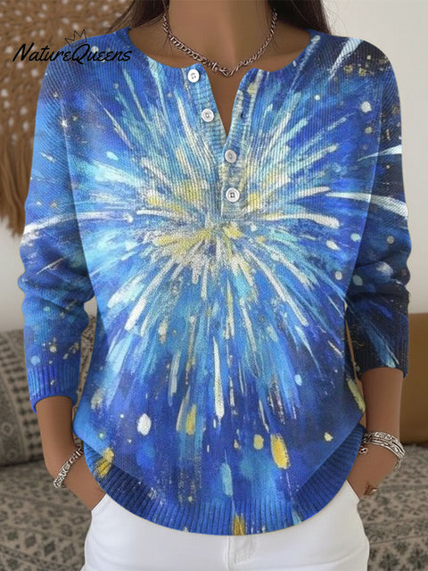 Blue Fireworks Bloom Art Pattern Print Buttoned Cardigan Sweater