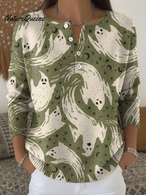 Ghost Art Pattern Print Buttoned Cardigan Sweater