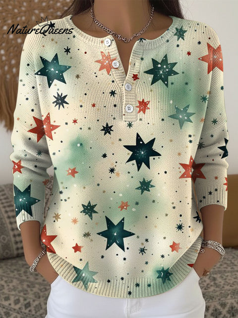 Christmas Stars Pattern Art Print Buttoned Cardigan Sweater