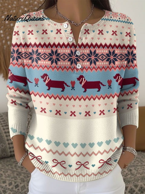 Christmas Dachshund Snowflakes Loop Art Pattern Print Buttoned Cardigan Sweater