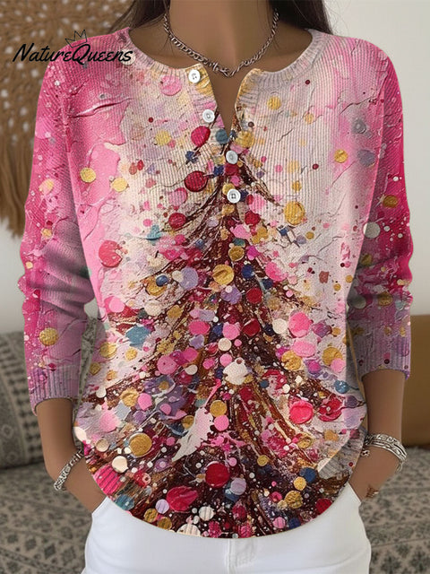 Christmas Pink Christmas Tree Art Pattern Print Buttoned Cardigan Sweater