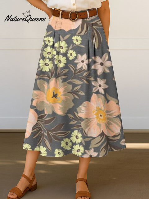 Women's Retro Flower Pattern Print Casual Cotton Skirt
