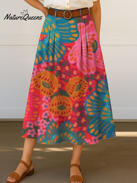 Women's Retro Flower Pattern Print Casual Cotton Skirt